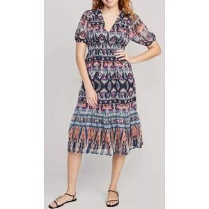 Old Navy A-Line Boho Midi Dress Tiered Pockets Womens Sz L Bubble Sleeve Smocked